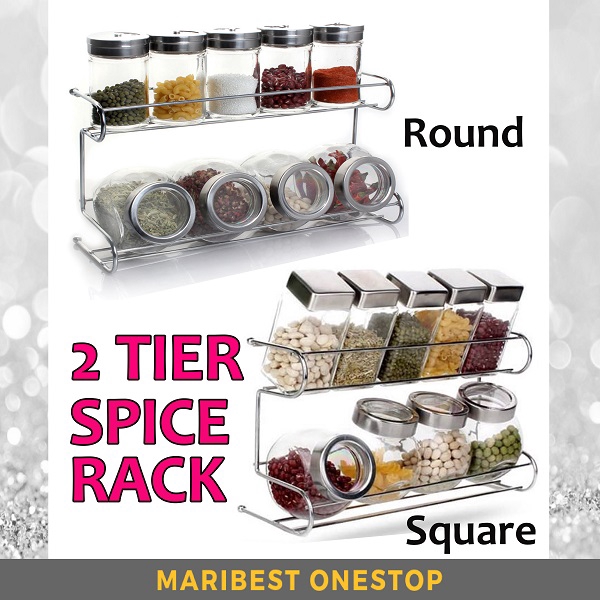 2 Tier Glass Spice Rack With Cylindrical Square Bottles And Round Jars ...