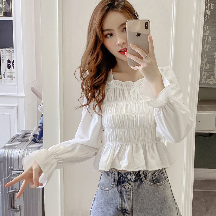 Women blouse chiffon puff blouse long sleeve shirt with square