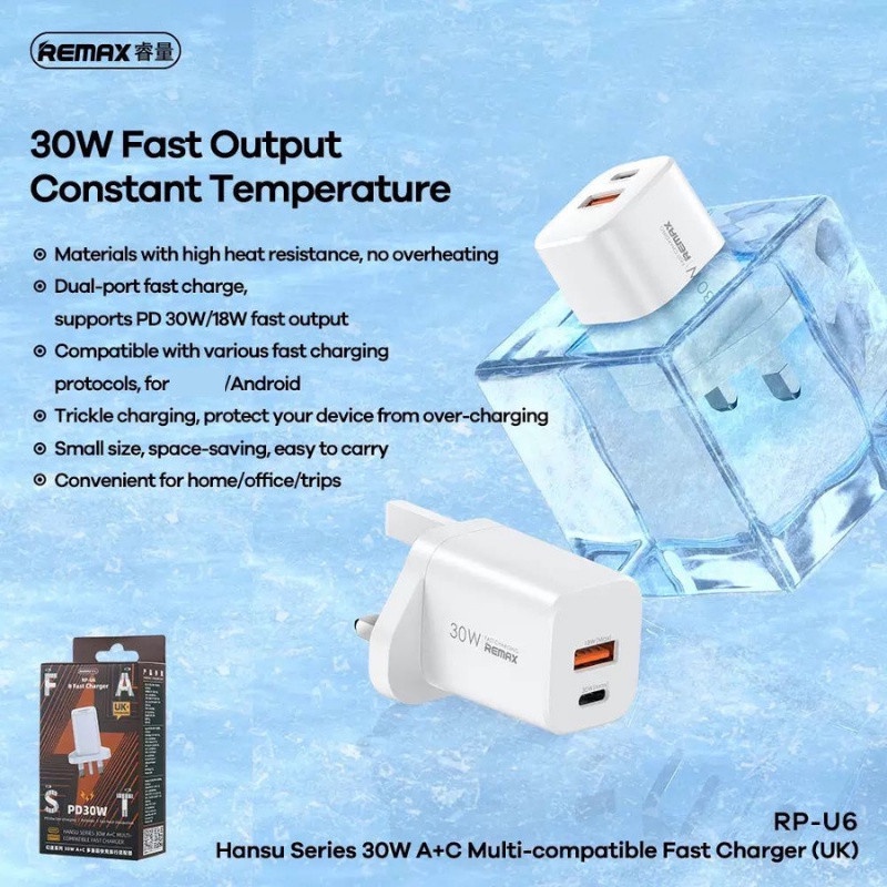 REMAX RP-U6 Fast Charger Adapter 30W PD+QC High Power Fast Charging ...