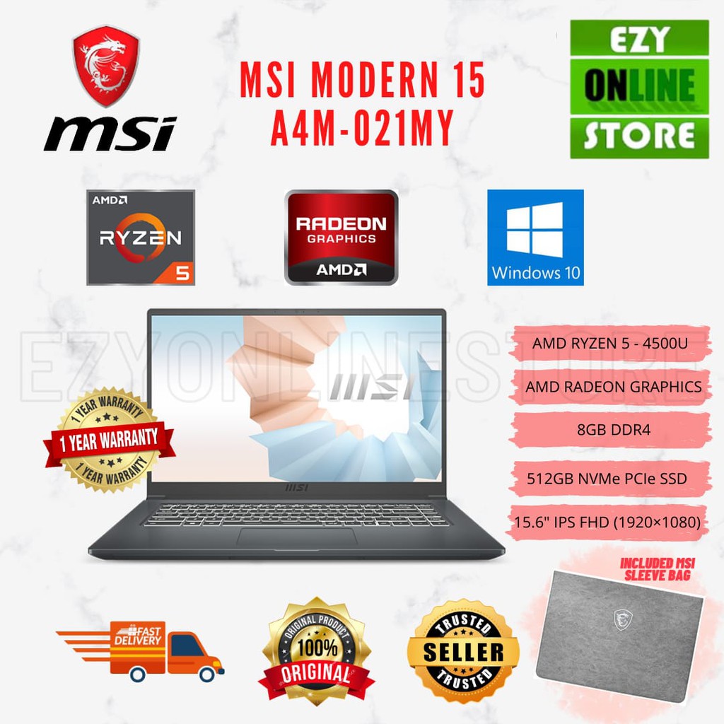 MSI MODERN 15 A4M-021MY , AMD RYZEN 5-4500U , 8GB , 512GB SSD , RADEON ...