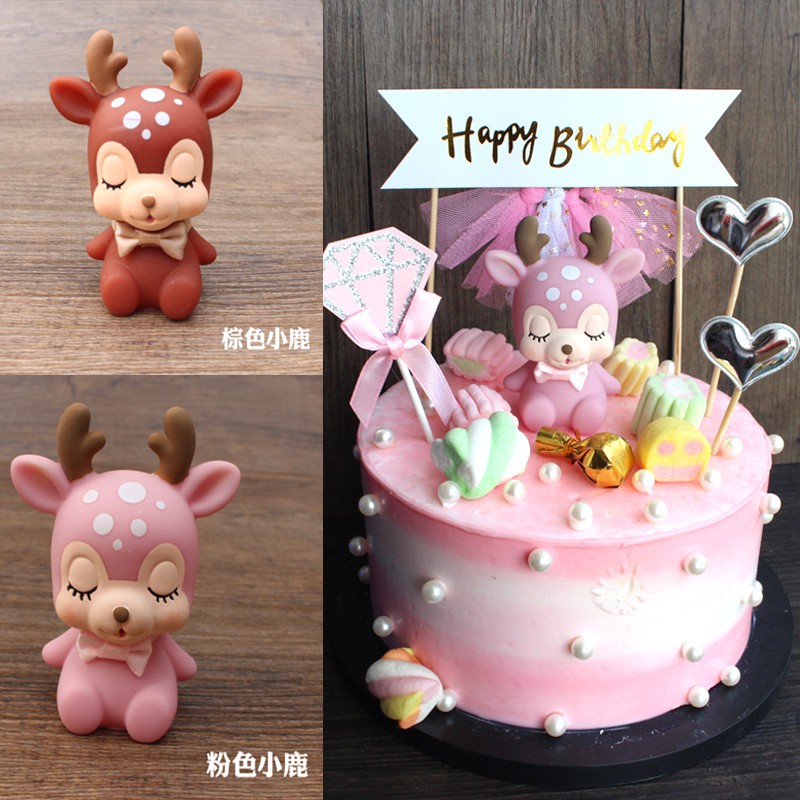 Cute INS Little Deer Cake Decor Pink Brown Girls Choice Birthday Cake ...