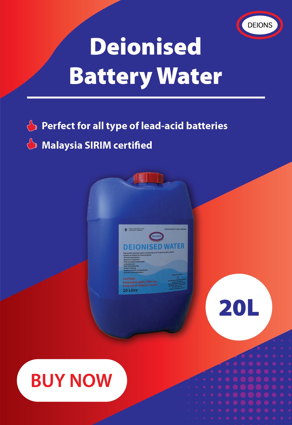 [BULK BUY] Deions Deionised Battery Water (20L) 100 Pure & Clean Water