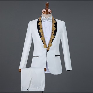 S~2Xl Men'S Black White Gold Embroidered Glitter Groom Wedding Formal Suit  2 Pcs Coat + Pants Photoshooting Dinner Suits | Shopee Malaysia