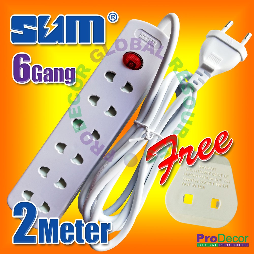 SUM Multi 2 pin plug Trailing Socket-6 Way 2 Pin Extension Socket with 2-Pin Europe Pin With 2 meter wire AC