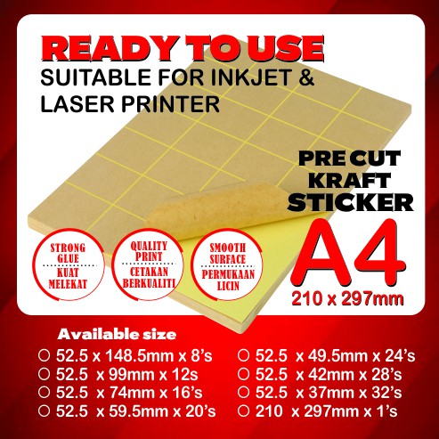 A4 Blank Kraft Sticker / A4 Kraft Sticker - Pre-cut Ready 52.5mm ...