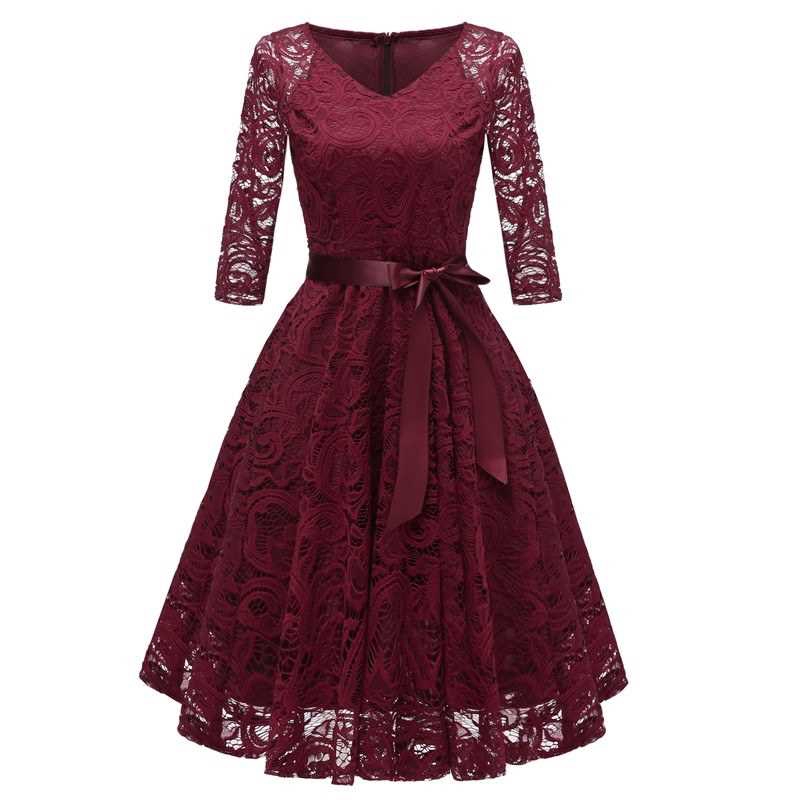 Vintage Women 1950s Crochet Lace Pleated Dress V Neck 3 4 Sleeve Belt Evening Party Swing Dress Bu2xl Shopee Malaysia