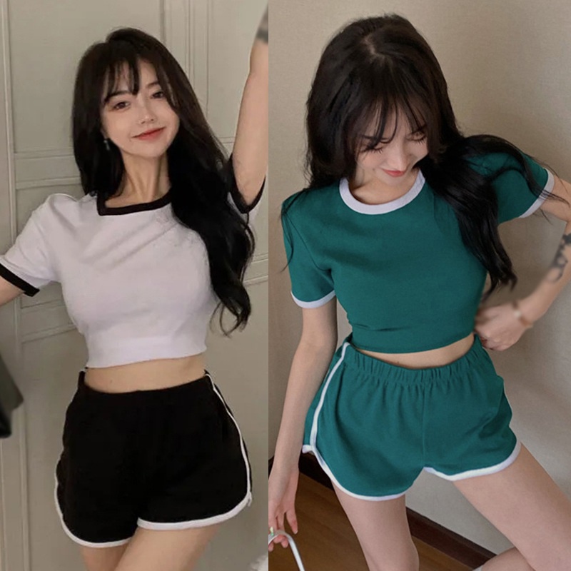 1 Set Women Sports Slim Casual Crop Top High Waist Shorts Tops