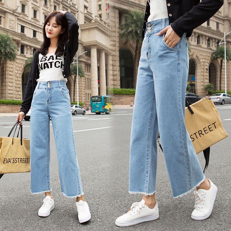 Korean Style Loose Pants Girls Soft Denim Wide-Leg Straight Cut