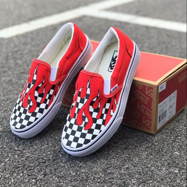 STOCK VANS SLIP ON CHECKERBOARD FLAME RED UNISEX ko Shopee Malaysia