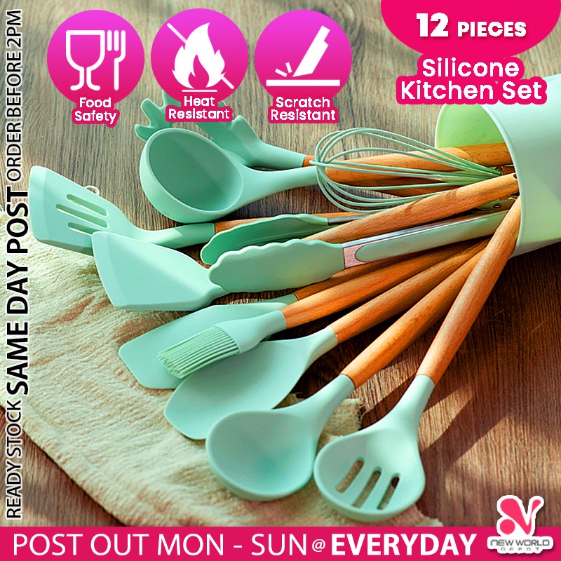 Cooking Spoon Non-toxic Silicone Kitchen Cooking Utensils Set Natural  Wooden Handle Cooking Spoon (green) (1pcs)