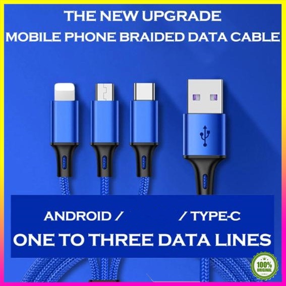 Type - C Data Line 3 In 1 Nylon Braided Cable One Drag Three 2A Fast ...