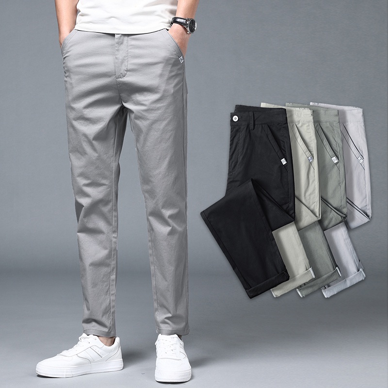 Men's Slim Fit Chinos Casual Pants Cotton Stretch Long Black Dark Grey ...