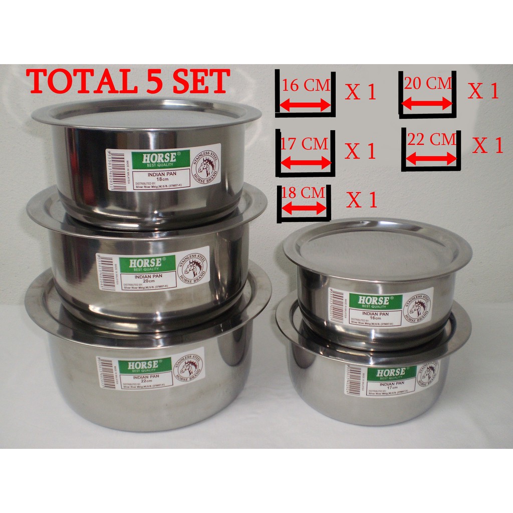 5 in 1 Horse Brand Stainless Steel Indian Pan With Lid/ Kuali Leper