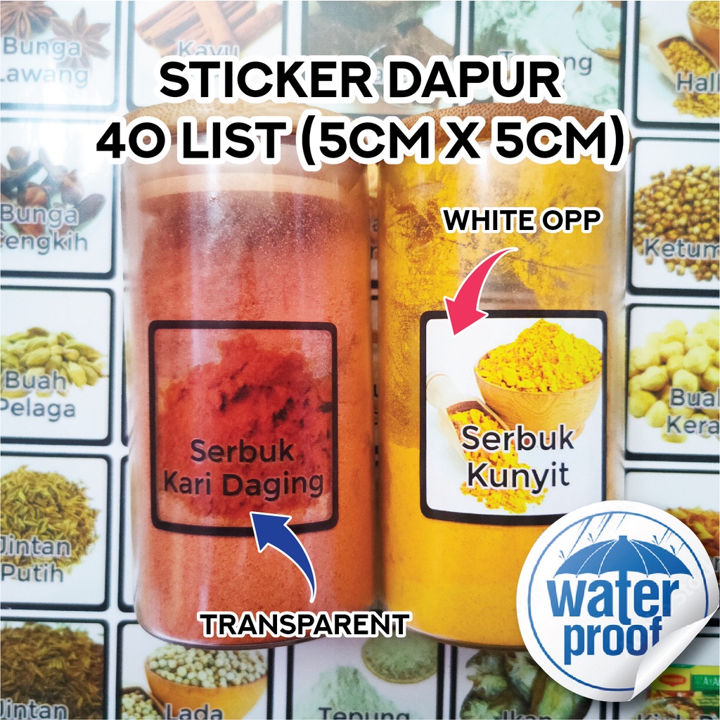 40 List Sticker Dapur Kitchen Label Rempah Ratus Murah Kalis Air Transparent / White OPP