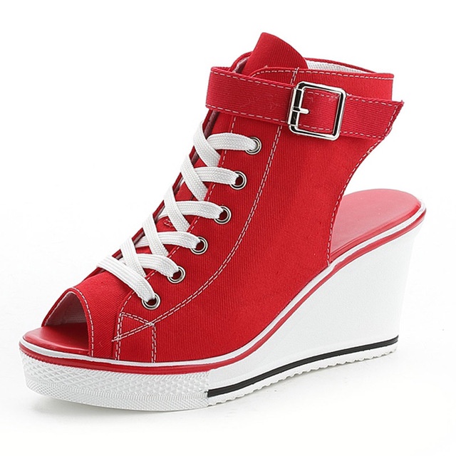 Fashion Women s High Top Canvas Wedge Shoes Open Toe Lace Up Sneakers Shopee Malaysia