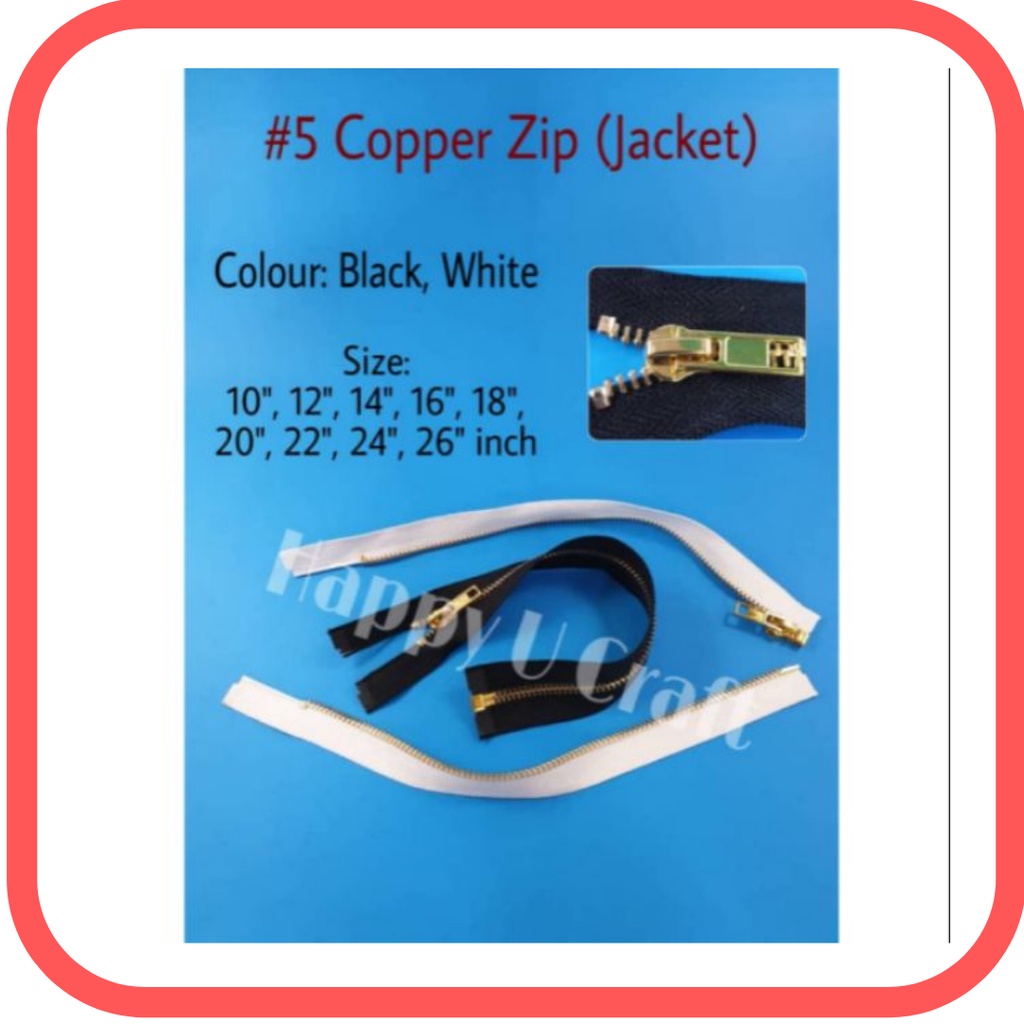 1pc Opened Ended Copper Zipper/Zip Jacket(Size 10", 12", 14", 16", 18