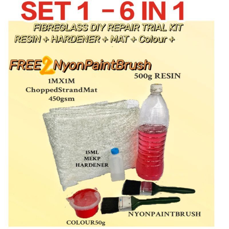 FIBERGLASS REPAIR DIY MINI TRIAL SET(500G RESIN,15ML MEKP Hardener, 1M