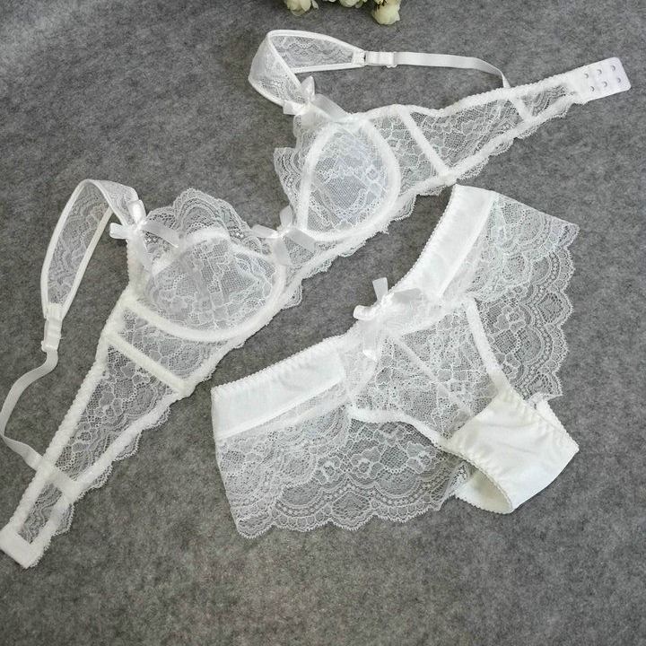 Sexy Lace Ultra-Thin Transparent Cup Beautiful Shoulder Underwear Bra Set