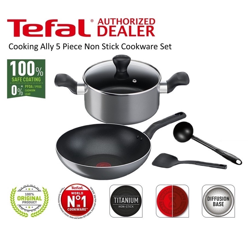 Tefal Cooking Ally 5 Piece Non Stick Cookware Set B505S5 Spatula Ladle Deep Fry Pan Pot Wokpan