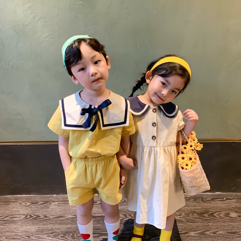 Baby Boy Girl Brother and Sister Matching Outfits boys Korean preppy cotton and linen lapel suit girls Siblings dress Shopee Malaysia