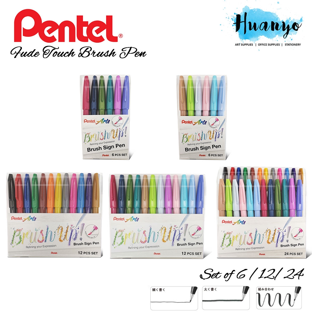 Pentel Touch Sign Pen with brush tip, Set of 6 Pastel Colors (A)