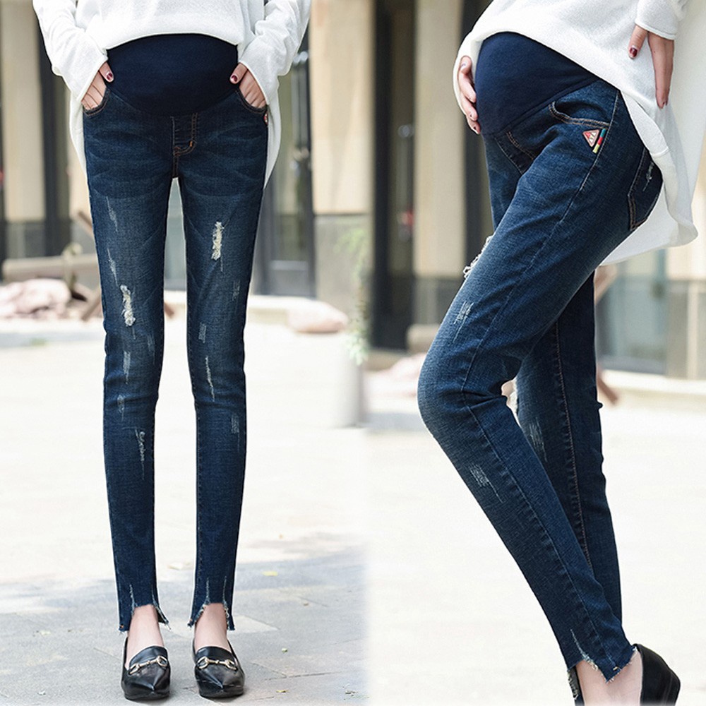 Maternity Denim Jeans With Ripped Design For Nursing And