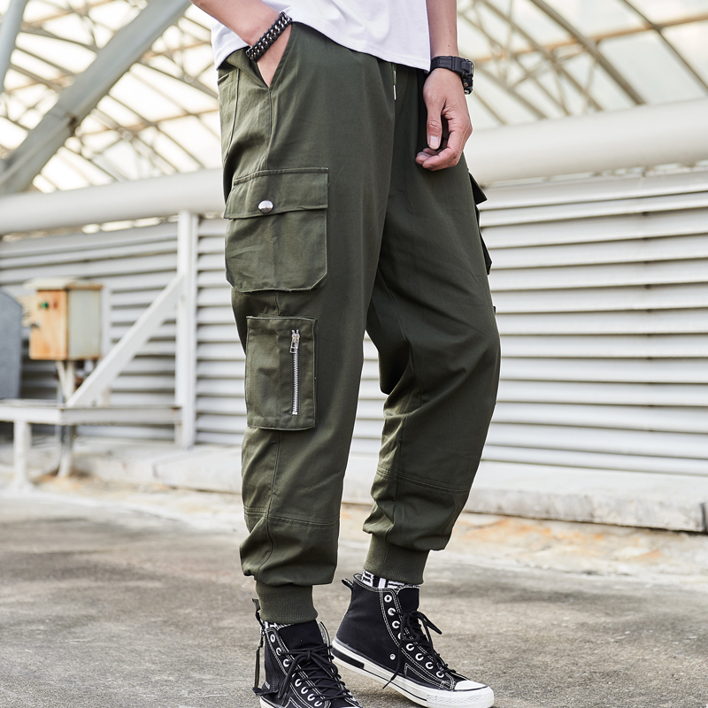 Men's cotton solid color casual sports pants Drawstring waist multi