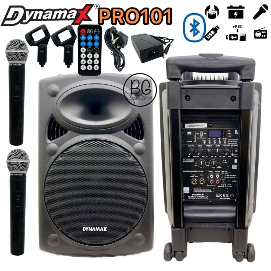 Dynamax PRO101 10 Inch Active Portable Speaker System with Bluetooth, 2  Units Wireless Mic and USB (PRO101)