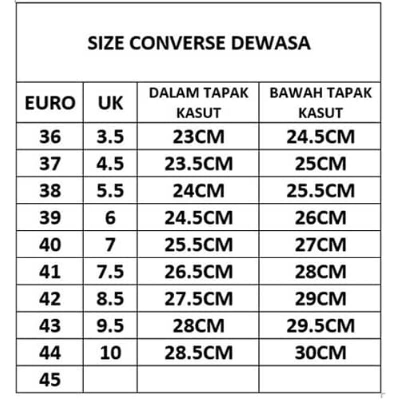 Size chart 2024 sepatu converse