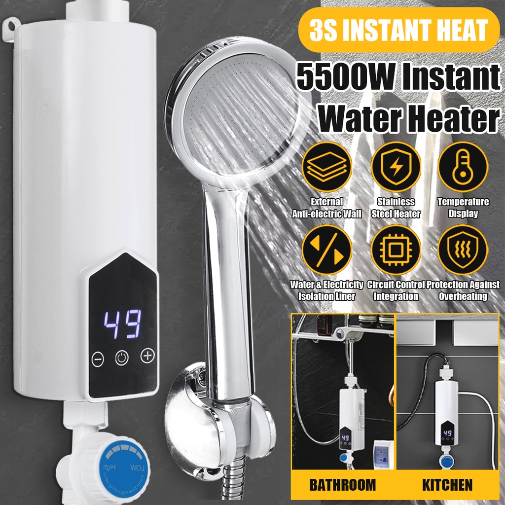 5500w Mini Instant Electric Water Heating Shower Set Lcd Digital Display Kitchen Bathroom 