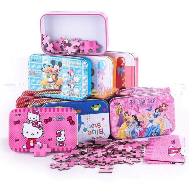 60pcs Cartoon Wooden Puzzle in Metal Box Early Learning Toy Party ...