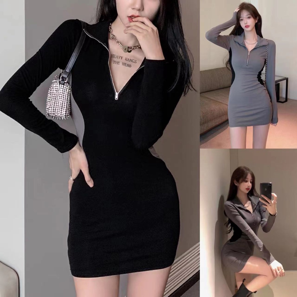 2022 New Korean Large Long Sleeved Fit Dress Women Sexy Contrast Color  Tight Sexy Dress Dress for Women Casual | Shopee Malaysia