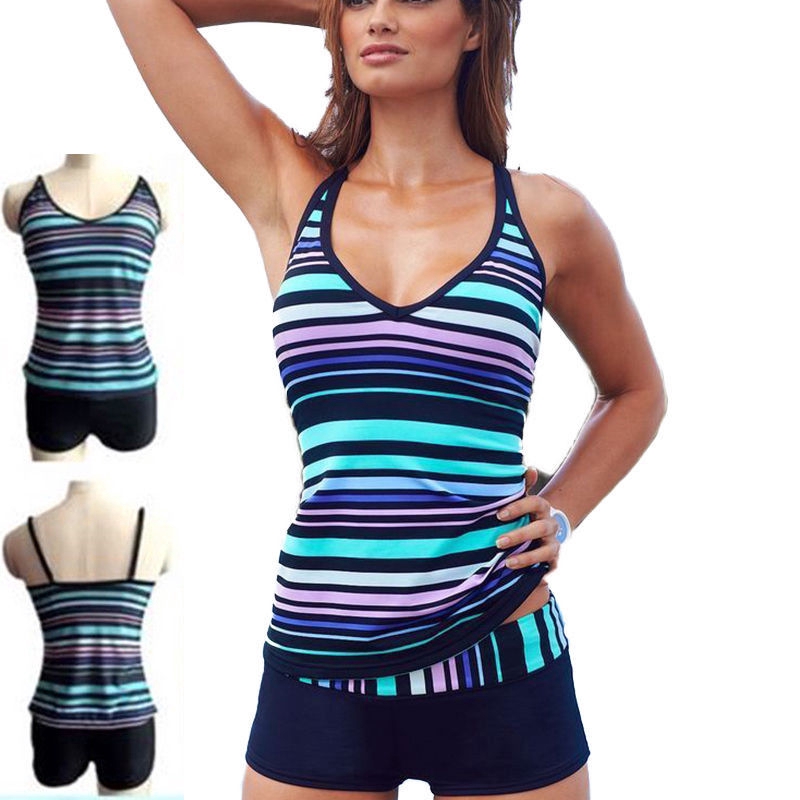 Women Sporty Swimsuit Bikini Plus Size Beach Color Stripe Tops + Pants