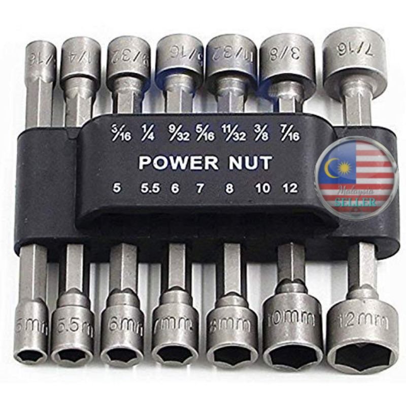 🇲🇾 Tools 14pcs 1/4" Hex Shank Power Nut Driver Bits Set SAE Metric