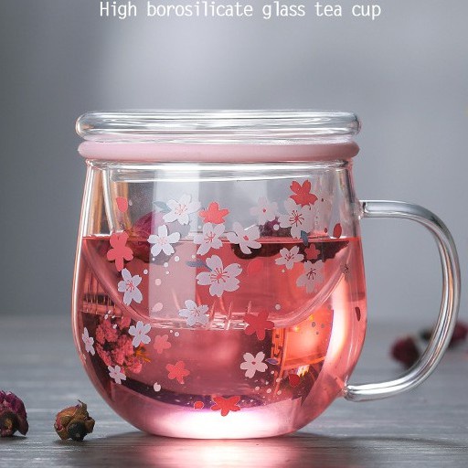 Glass flower tea cup with filter 300ml sakura Glass Cup Mug Shopee