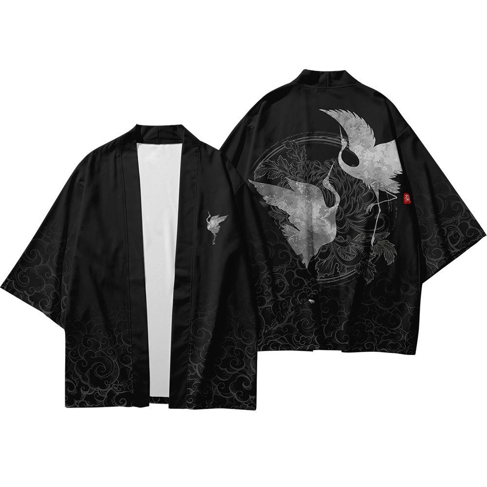 Japanese Crane Kimono Set Cosplay Pant Suit Men Women Cardigan Samurai ...