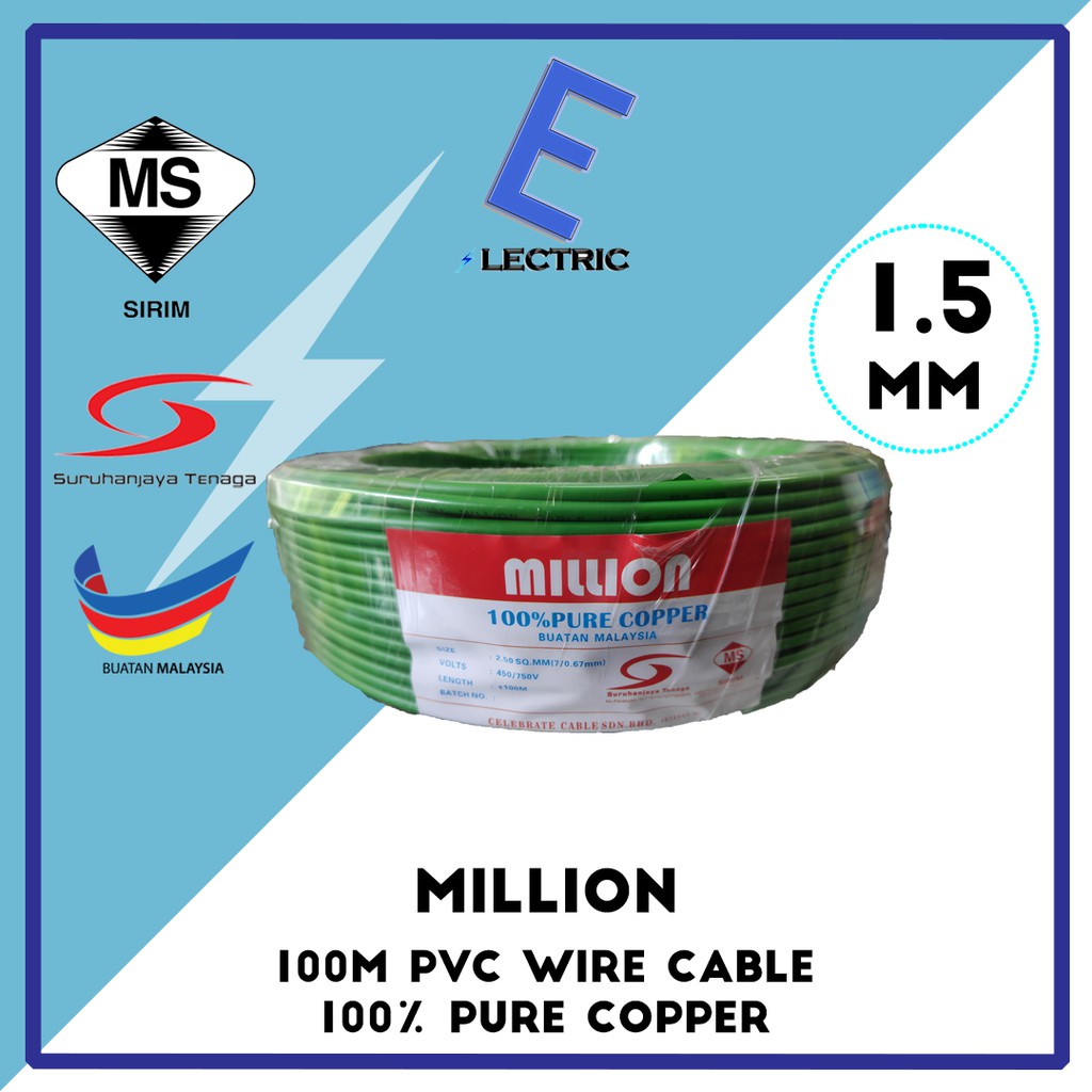 MILLION OR BLUE TECH 1.5mm PVC wire Cable 100M(SIRIM) - 100% Pure ...