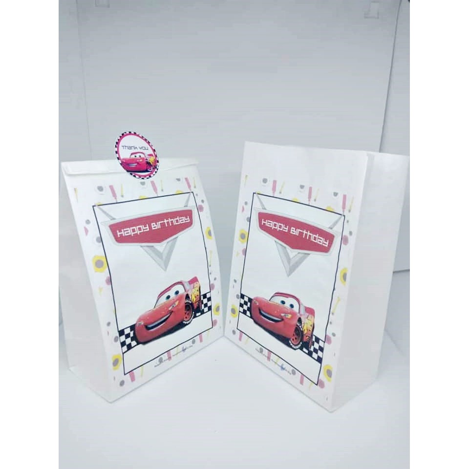 Cars Theme Goodie bag with HANDLE and Thank You Stickers set of 12 ...