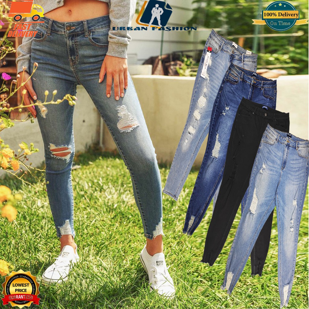 Geela Med Wash Ripped Cropped Jeans Wanita main image 0