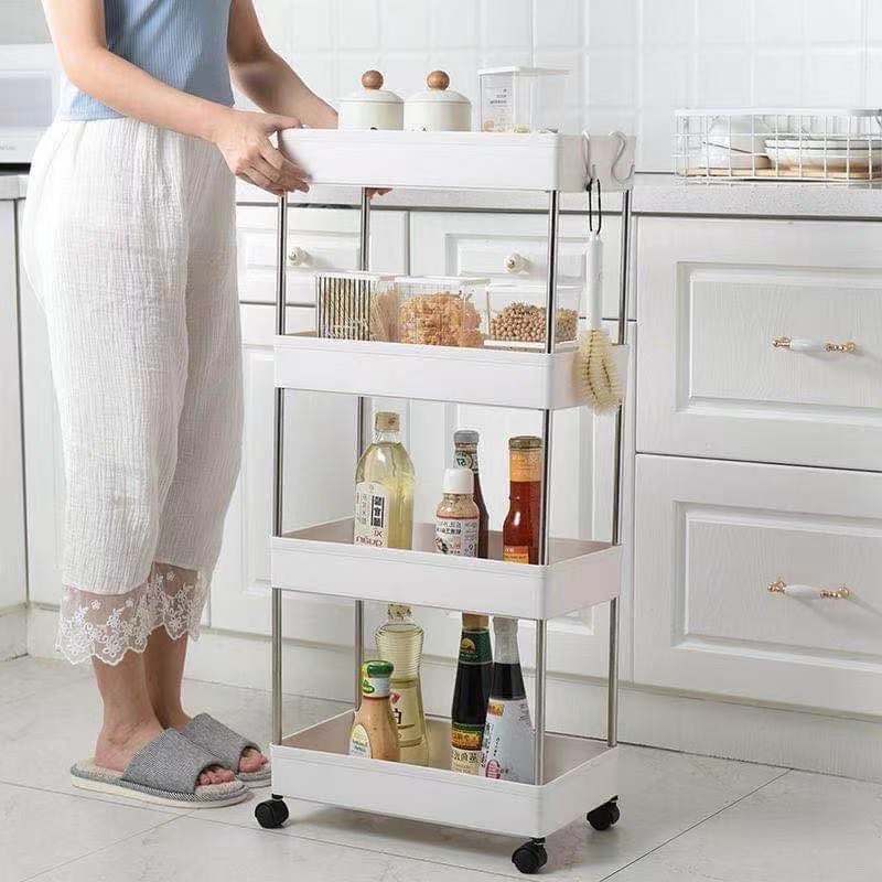 4 Layer Gap Kitchen Storage Rack Slim Slide Tower Movable Assemble Plastic Bathroom Shelf Wheels