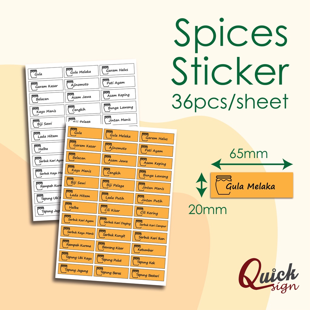[Quicksign™] Kitchen Sticker 36 Types of Spices & Ingredient Label