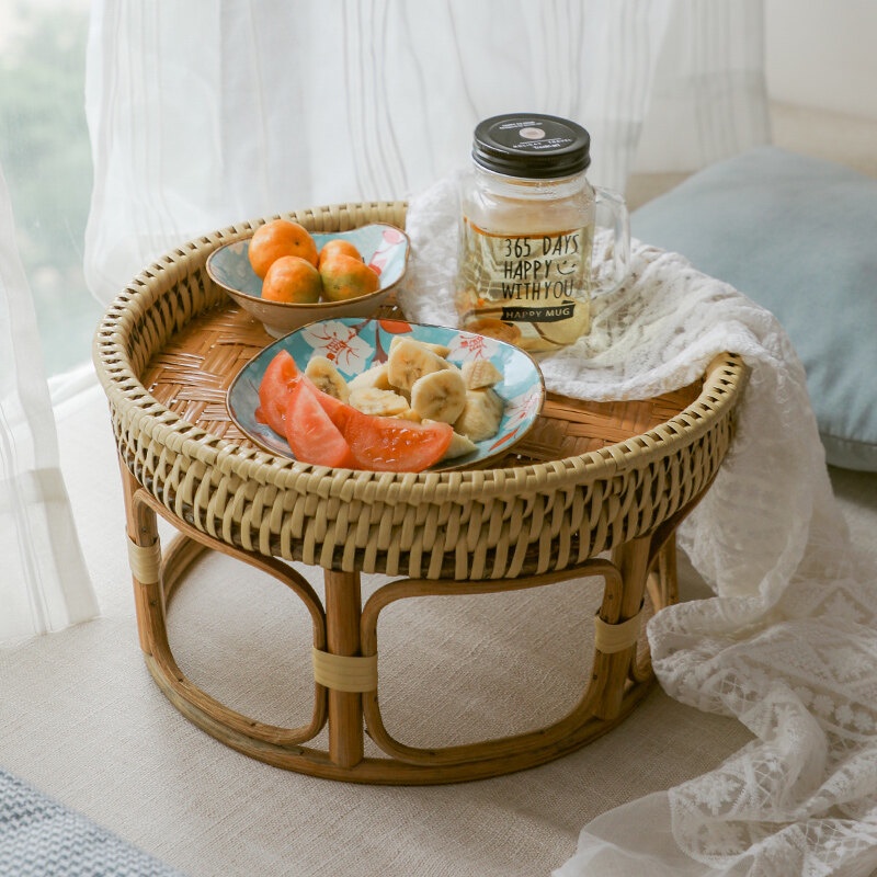 Rattan Woven Round Dining Table Food Tray Portable Tatami Coffee Table Bay Window Food Storage ...