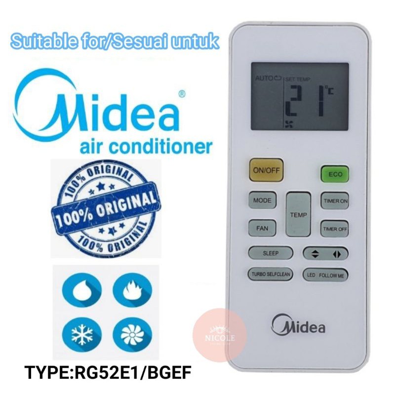 Original Midea Air conditioner Remote Control (TYPE RG52E1/BGEF