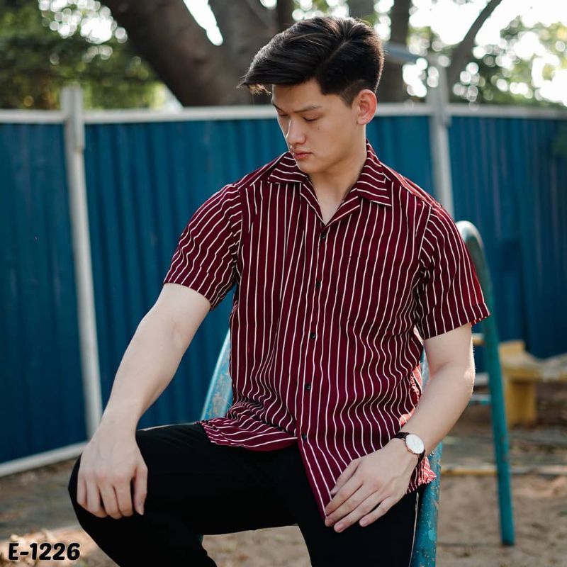 KEMEJA Strip Channel HEM | Men's Short Striped Shirt | Shopee Malaysia