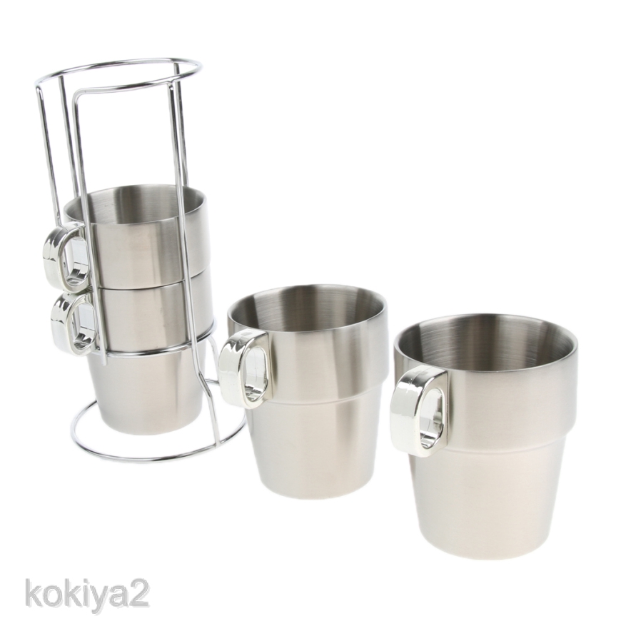 [kokiyaebMY] Stackable Mugs Cup Set Stainless Steel Tea Cups with Stand ...