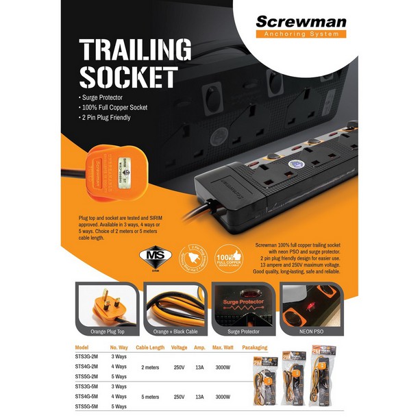 Screwman High Quality 3/4/5 Gang Heavy Duty Trailing Socket Extension ...