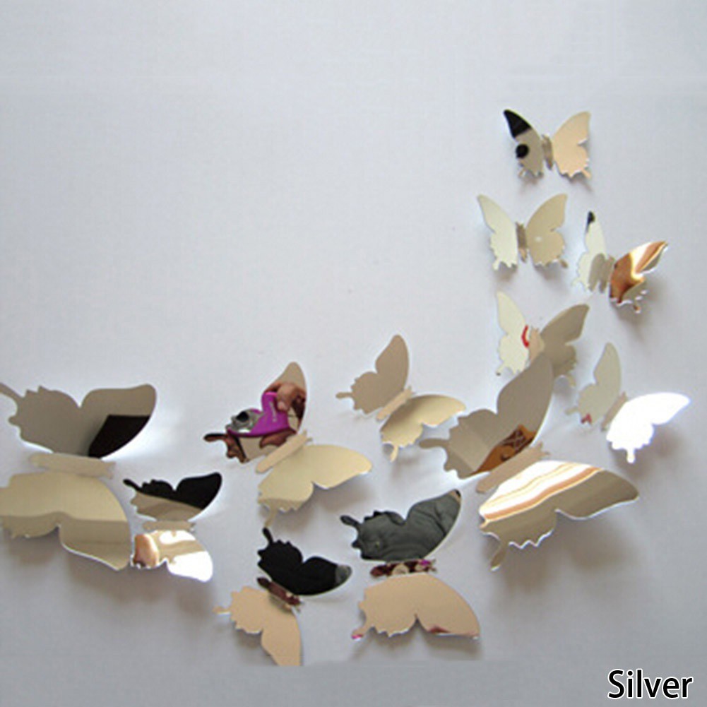 12Pcs 3D DIY Mirrored Butterfly PVC Wall Stickers Mirror Art Decor