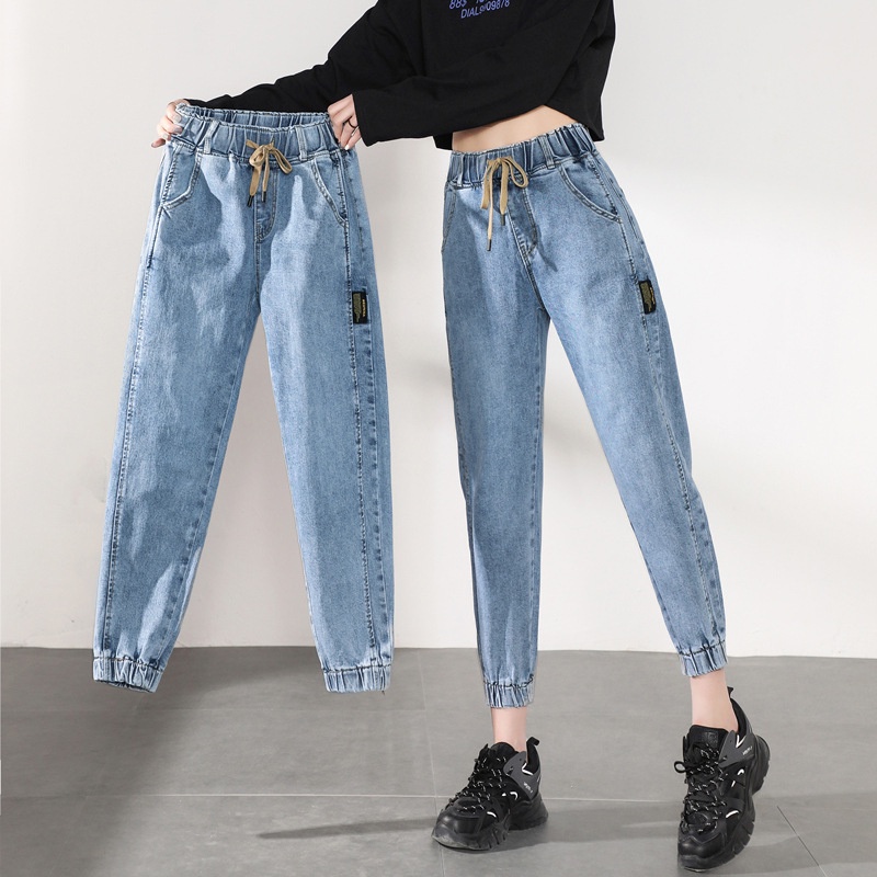 Fashion Women's elastic waist jeans slim fit loose Drawstring casual high  waist korean stretchable denim pants for women