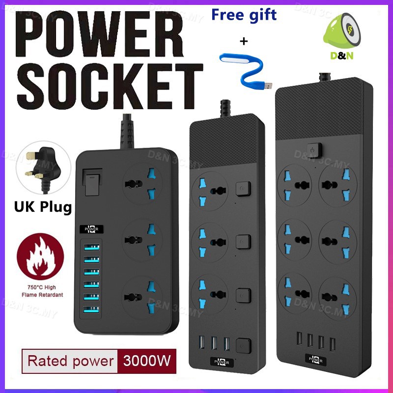 UK Extension Plug 3000W Power Strip Surge Protector Universal Plug ...