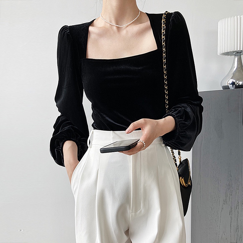 Women's Black Square Neck Puff Sleeve Crop Top